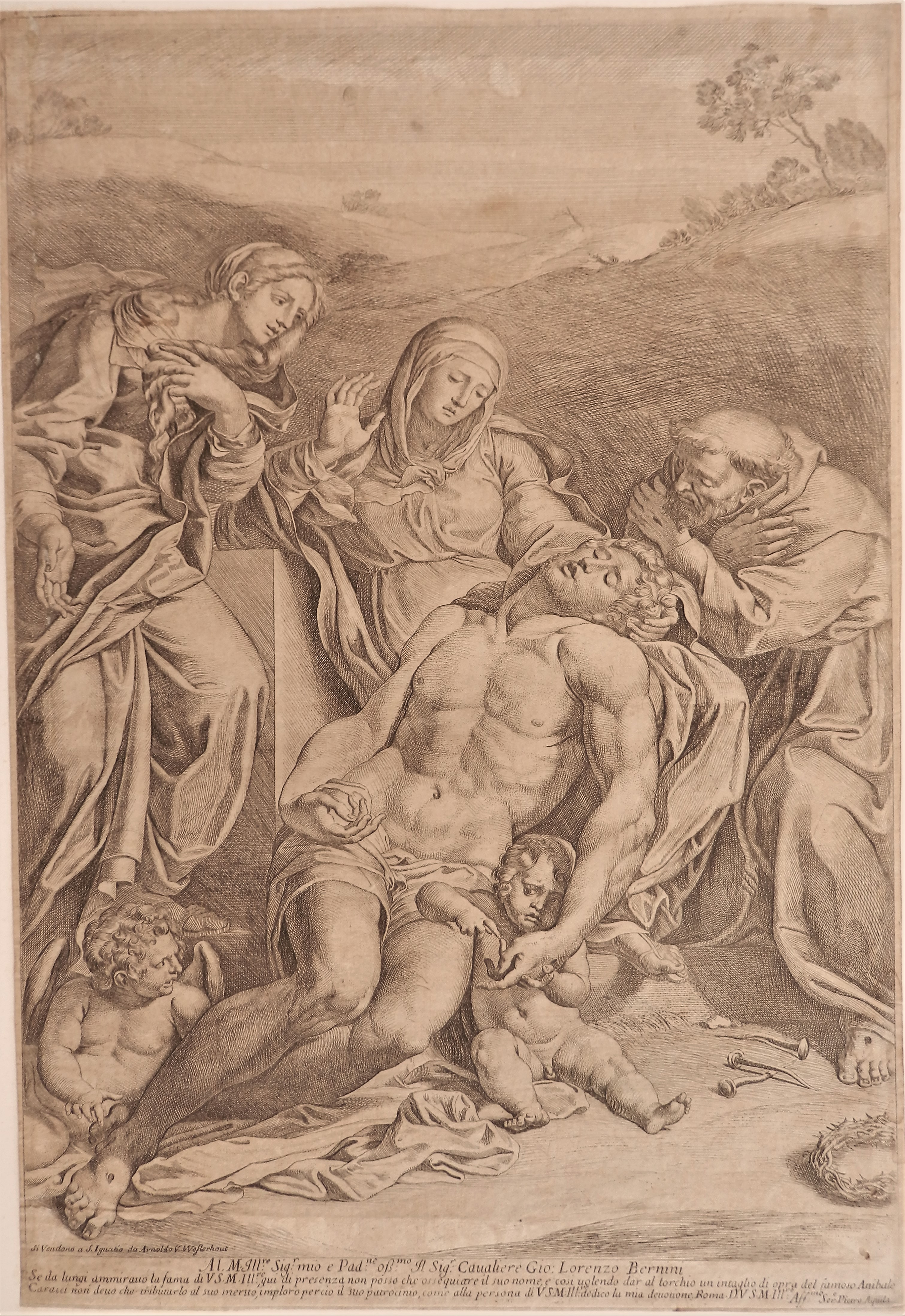 Arnold van Westerhout (Stecher) nach Annibale Carracci, Pietà mit hl. Franziskus und hl. Maria Magdalena (1602-07), um 1700, Kupferstich, Zisterzienserabtei Stift Stams, Kunstsammlung, Inv.-Nr. 5031. Foto Dr. Helmuth Oehler, Innsbruck. 